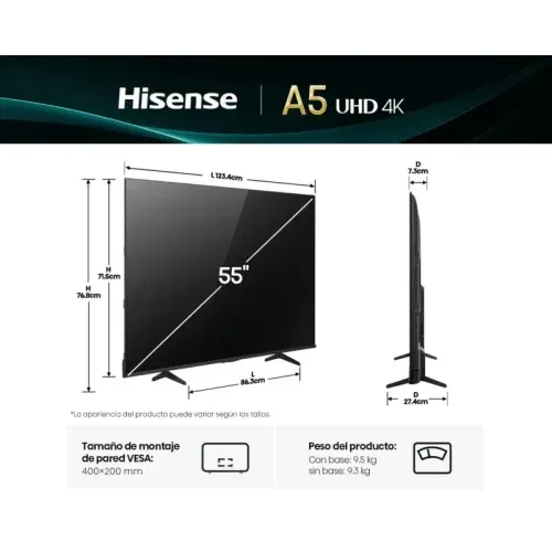 Televisor Hisense 55" Pulgadas 55A5NV VIDAA 4K UHD Smart TV Con AI
